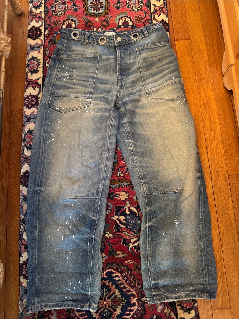 Free People Moxi Distressed Blue Washed Boyfriend Jeans with Paint Splatter